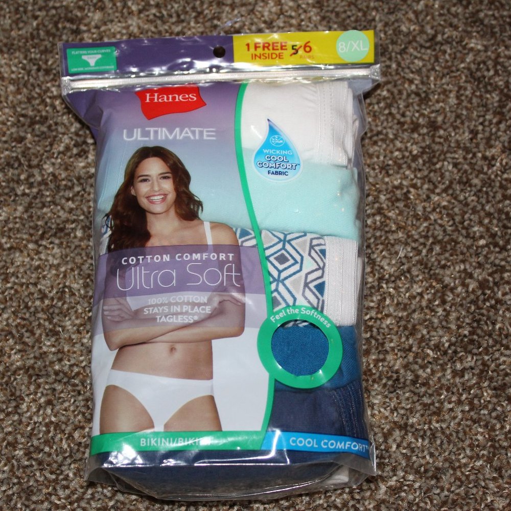 NWT 6 pk Hanes Bikini Panties Ultra Soft  8/XL